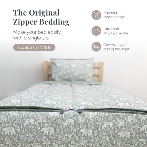 Image of Beddy's Fantasy Woodland Durable Zipper Bedding for Kids - Bed in a Bag - Sage Green Sheets with Woods, Nature, Animals Comforter - Includes 2 Pillowcases & 2 Shams - Full
