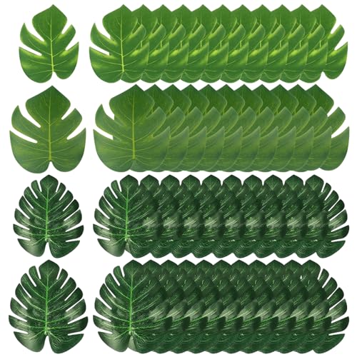 Lot de 48 feuilles de palmier artificielles Monstera - Feuilles tropicales - Décoration de fête - Vert - Décoration de plage, jungle - Anniversaire (deux tailles)