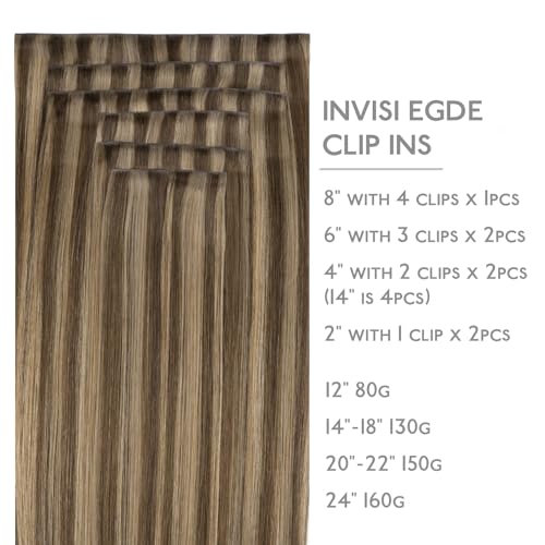 Image of WENNALIFE Invisi Edge Clip in Hair Extensions Real Human Hair, 22 Inch 150g 7pcs Balayage Chocolate Brown to Caramel Blonde Seamless Clip in Extensions Remy Hair Clip Ins Invisible PU Skin Weft Straig