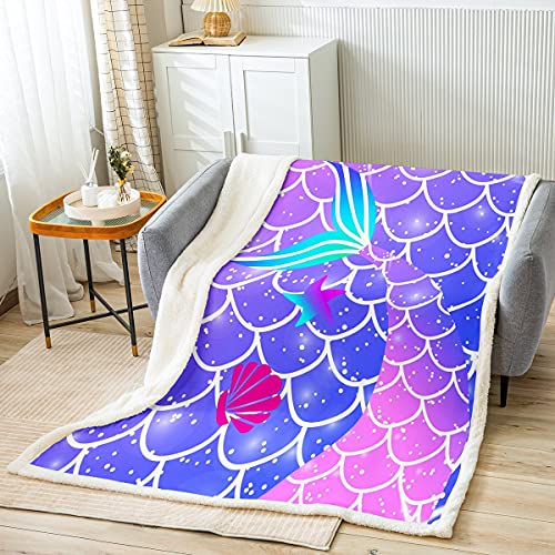 Erosebridal Girls Mermaid Throw Blanket, Fish Scales Sherpa Blanket Queen Size For Kids Boys Teens Bedroom Decor, Coastal Nature Ocean Life Fleece Blanket Sea Animal Shell Plush Bed Blanket, Purple #TOP19