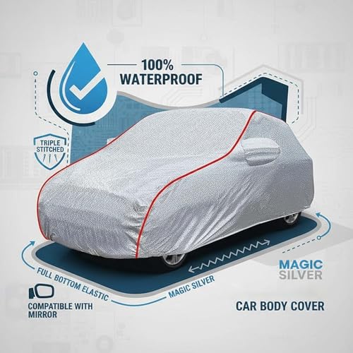 Image of Sulfar 100% Waterproof Car Body Cover Compatible with Mirror for Mahindra Scorpio N (Triple Stitched, Full Bottom Elastic, Magic Silver with Red Piping)