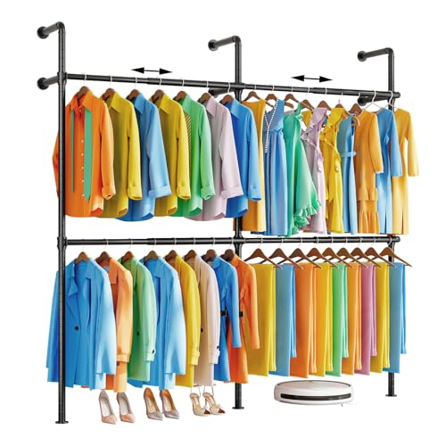 KZOBYD Extendable Wall Mounted Clothes Rack Industrial Metal Clothes Rails Adjustable Telescopic Storage Hanging Rail Rods for Clothes Width to 219 cm Wall Tidy Rail for Home Wardrobe