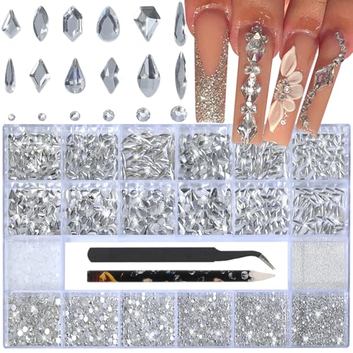HNUIX White Nail Rhinestones - 3D Multiple Shape Size Gems Manicure Beads Pearls Flatback Crystals Rhinestones with Kit for Nail Art Decor