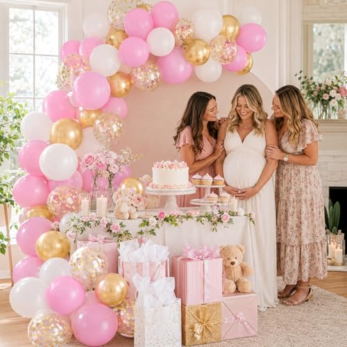 Image of Pink and Gold Balloons 60PCS Pink White and Gold Balloon Set, 12 Inch Metallic Golden Confetti Latex Balloons for Women Girls Birthday Baby Shower Bridal Shower Wedding Princess Party Decor