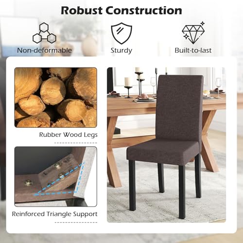 Image of COSTWAY Fabric Armless Dining Chairs Set of 2, Upholstered Kitchen Side Chair w /Rubber Wood Legs, Padded Seat & High Backrest, Mid-Century Modern Accent Chairs for Living Room Restaurant (Brown)