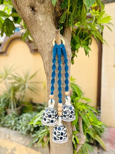 Image of RHD Macrame Symphony | 3 Multicolour Ceramic Bells (5 Inch) | Handmade Macrame Wall Hanging | Wind Chime for Home Decor | Includes Hand-Painted Ceramic Hook