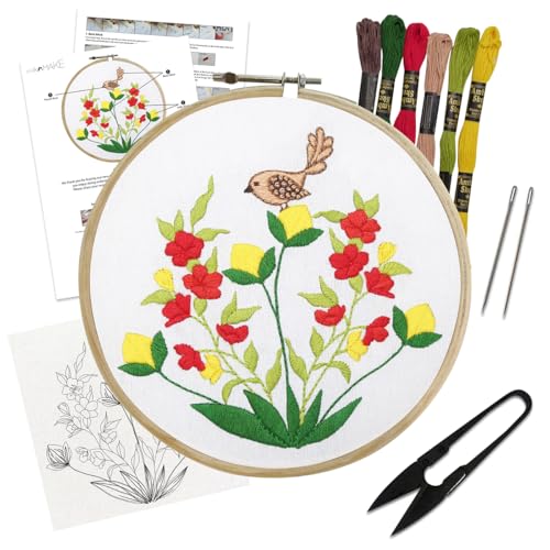 Image of picknMAKE Cross Stitch Embroidery Kit For Beginners & Adult, Showcasing Bird & Floral, Printed Fabric, Instruction Paper, Threads & Needles All Materials Included,Multicolor