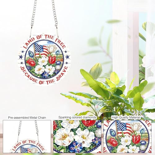 Image of DIY Independence Day Diamond Painting Hanging Kit, 5D Acrylic Special Shaped Crystal Diamond Art Pendant, inchLand of The Free inch Patriotic Wall Decor for Home, Door, or Garden, 4th of July Gift for Adults