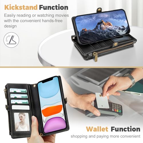 QIXIU for iPhone 12&12 Pro Wallet Phone Case with 7 Card Holder,RFID Blocking | PU Leather | Kickstand | Flip | Wrist Strap&Shoulder Strap | Shockproof | Zipper Wallet | Women Men | 6.1" | Black by QIXIU - Image 8
