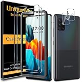 UniqueMe 4 Pack Compatible con Samaung A51 Protector de Pantalla, 2 Pack Cristal Vidrio Templado y 2 Pack Protector de Lente de Cámara,Doble Protección Anticaída