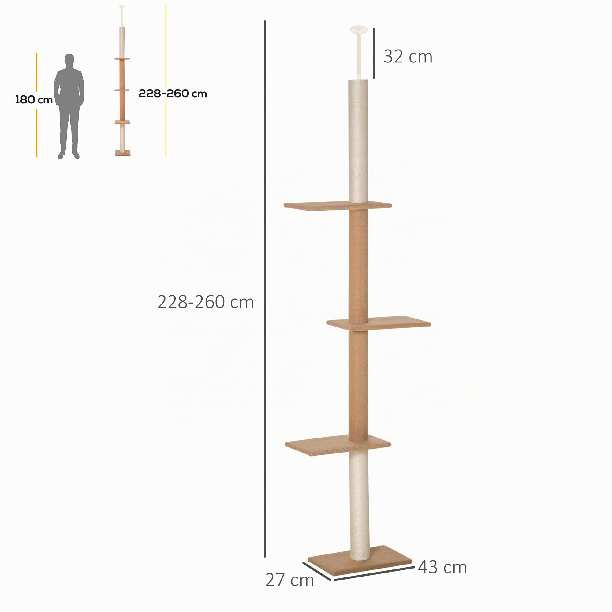 PawHut Árbol para Gatos del Suelo al Techo 43x27x228-260 cm Torre para Gatos con Altura Ajustable 4 Plataformas Espaciosas y Poste de Sisal Marrón