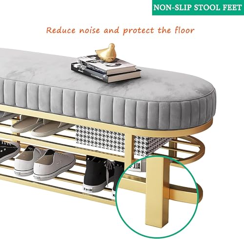 Banc à chaussures en velours premium et métal doré chic
