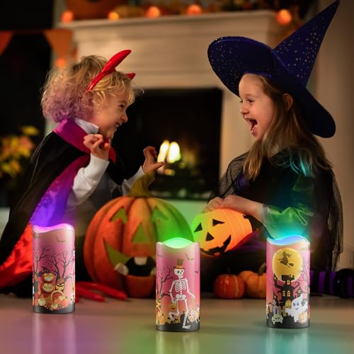 Image of Halloween Candles with 12 LED Light Colors, Battery Operated Flameless Candles, Halloween Decorative Candles with Remote Control Colors and Timer, 3 x 6 Inch, Set of 3