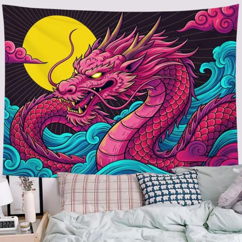 Tapiz de olas pop art y dragón rosa de 200x150 cm decorativo
