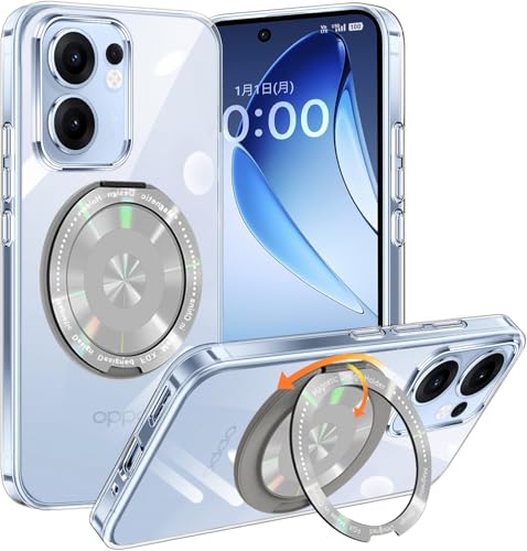 OPPO Reno13 A ケース クリア 多機能360度回転スタンド マグネット搭載 角度調整 縦横両対応 オッポ レノ13A カバー リング付き OPPOreno13a ケース 耐衝撃 TPU スマホケース 多機能 透明 軽量 薄型【クリア】