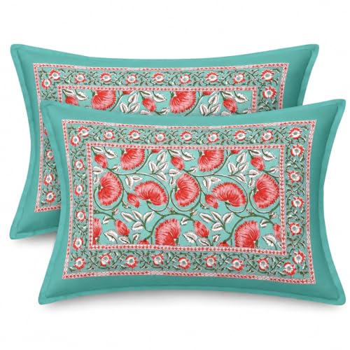 Image of ElanorHomes 180 TC Pure Cotton Pillow Covers Set of 2, Bedroom Pillows with Zip Closure, Soft Smooth Cool Breathable Pillowcases for Home (Turquoise Glow)