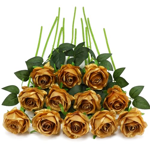 Gold Fake Roses Artificial Flowers - 10 Pcs Fake Artificial Roses Silk Flowers with Stems for Home Wedding Hotel Office Centerpiece Decor by FLORRALIA - Image 8