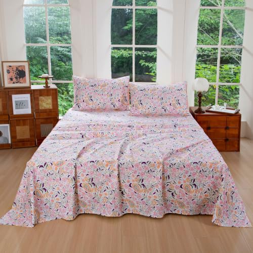 Image of FADFAY Twin XL Sheets Set 4 Piece Pink Paisley College Bedding 100% Egyptian Cotton Dorm Room Bedding, Soft Cooling Breathable Dorm Sheets Extra Long with Deep Pocket Luxury Hotel Quality All Seasons