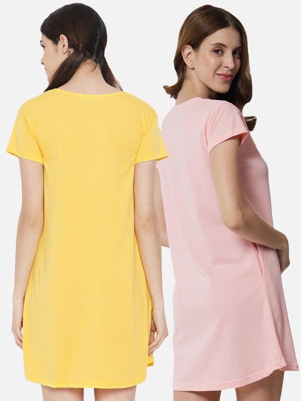 Image of Fflirtygo Women's Cotton Nighty | Printed Knee Length Night Gown |Relaxed Fit Nightwear |Short Nightdress| Long T-Shirt | Sleepwear & Casual Wear Nighty (Pack of 2)