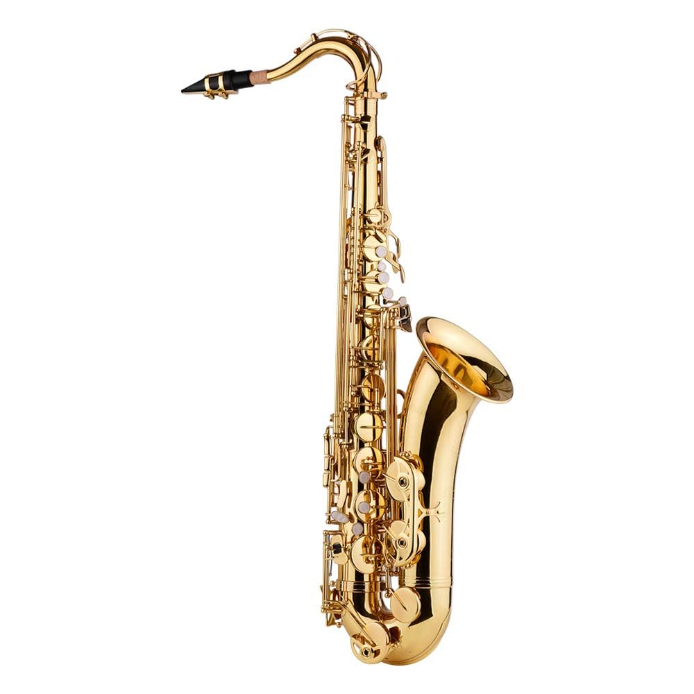Sassofono tenore in Sib, corpo in ottone, strumento a fiato con finitura laccata oro, include custodia per il trasporto, guanti, panno per la pulizia, spazzola e tracolla