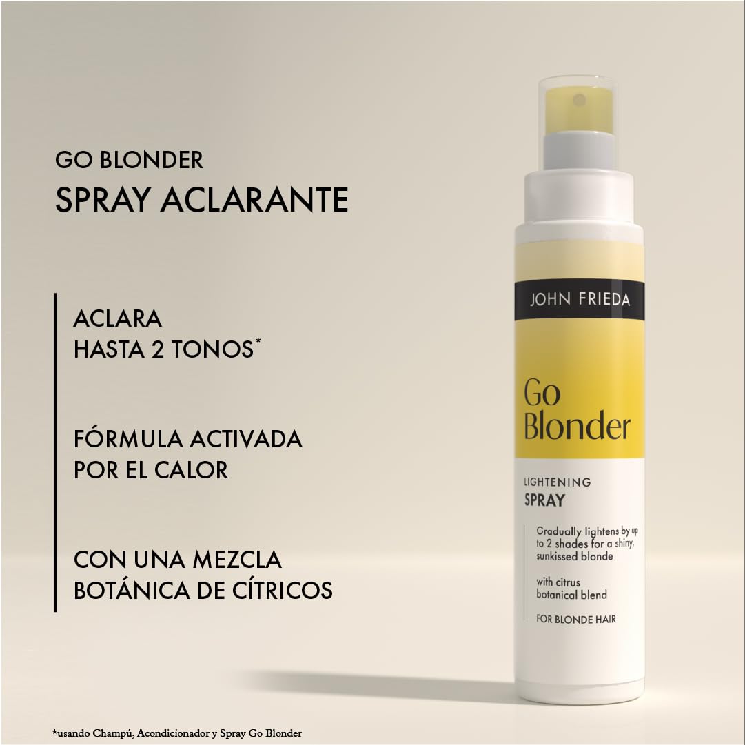 John Frieda Go Blonder Progressive Bleaching Spray | hebt Blond bis zu 2 Nuancen mit Wärme auf | frischt Reflexe und Wurzeln auf | mit Botanical Citrus Complex | natürliches oder gefärbtes Blond | 100