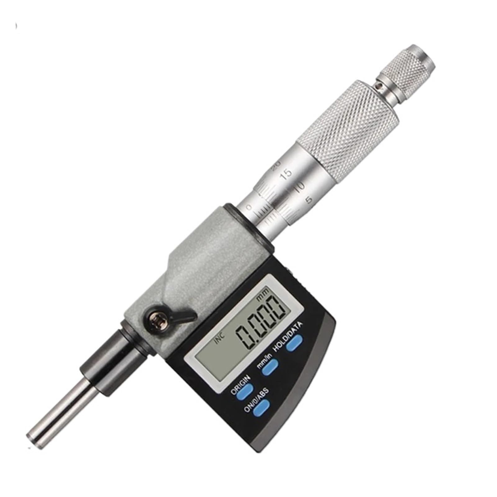 calibrar Micrómetro digital de 0-25 mm con herramienta de medición grabada y cabezal diferencial en espiral.
