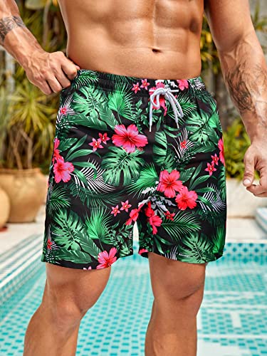 Mens Swim Trunks Hawaiian Tropical Swim Trunks Drawstring Elastic Waist Beach Swim Shorts with Pockets3