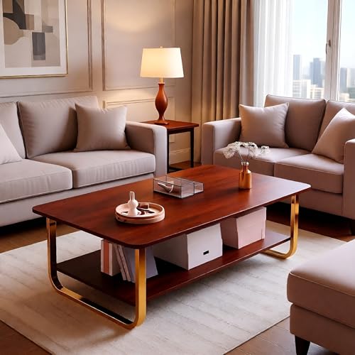 Image of Engineered Wood Coffee Table with Metal Base & 2 Tier Storage | Modern Rectangle Center Table for Living Room Sofa Set | Easy DIY Assembly (90 x 48 x 48 cm) (Brown Gold)