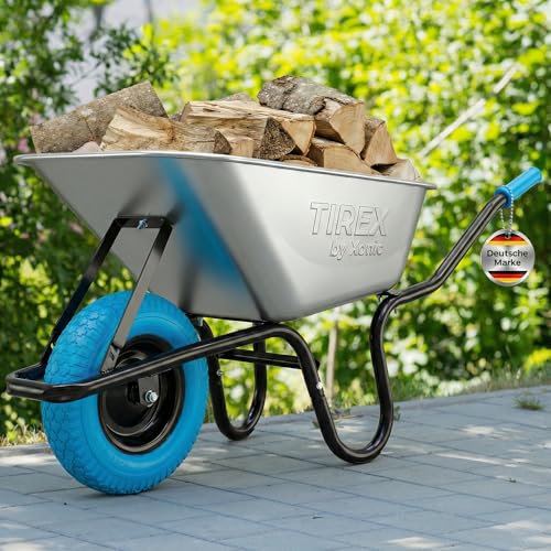 TIREX by xonic® Schubkarre mit Stahlfelge – Verzinkte Wanne bis 250kg/ 100l - Robuste Ausführung für Garten und Blau – Schieb-Karre mit PU Vollgummi-Rad - Blau- Silber