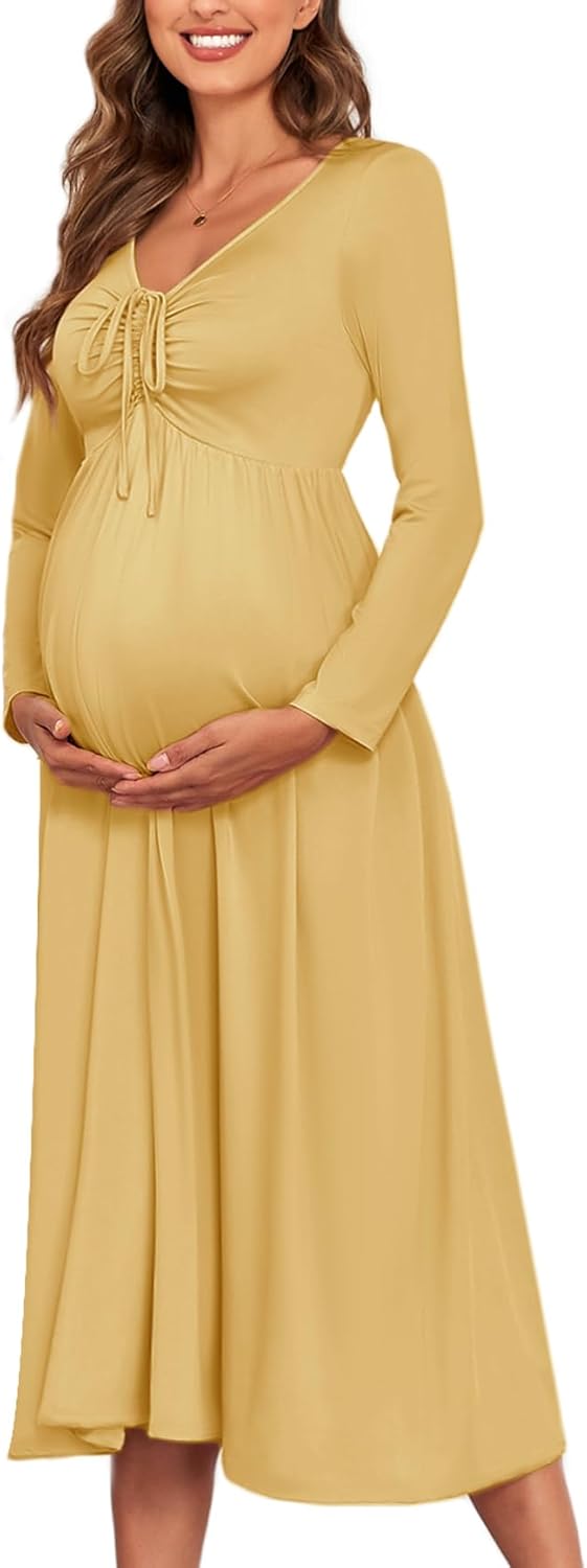 Maternity Tie Front Dress A Line Long Sleeve V Neck Flowy Pregnancy Maxi Dresses for Baby Shower Casual 2025 Fall