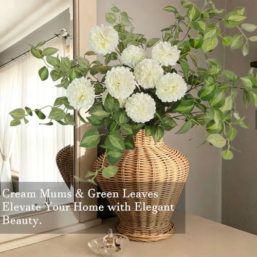 Image of 6PCS Cream Mums Long Stem Faux Fall Flowers Realistic Artificial Fall Flowers Indoor 25.5 inch Faux Silk Mums Flower Stems for Vases Flowers Artificial for Decoration Farmhouse Home Decor