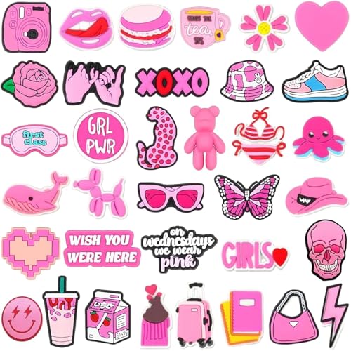 36 Pièces Charms Chaussures Roses, Breloques pour Sabots et Chaussures à Trous, Décorations de Chaussures en PVC, Accessoires Colorés pour Sandales, Sacs, Bracelets et Personnalisation