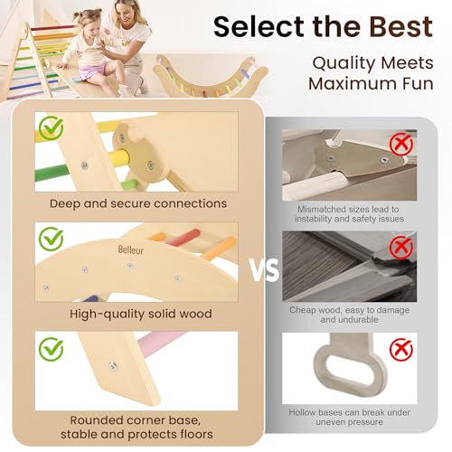 Image of Belleur Pikler Triangle Set, 7-in-1 Foldable Climbing Toys for Toddlers 1-6 Years Old, Wooden Montessori Climbing Set with Arch, Ramp & Ladder, Baby Indoor Climber Jungle Gyms - Rainbow