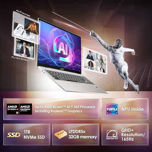 Image of MSI Prestige A16 AI+ (2024) 16 inch QHD+ Business Laptop: AMD Ryzen AI 9-365, Radeon Graphics, 32GB LPDDR5x, 1TB NVMe SSD, Type-C, WiFi 7, Win 11 Home: Urban Silver A3HMG-016US