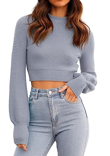 Image of Womens Sexy Crew Neck Cropped Sweaters Knit Long Sleeve Crop Tops Pullover | Ribbed Knit, Long Sleeve, Crop Tops, Pullover,Crew Neck