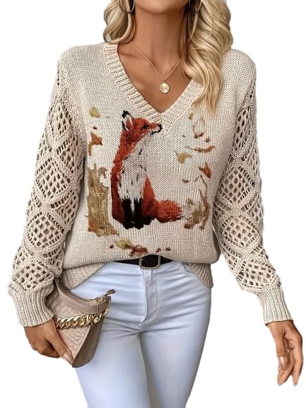 Womens V Neck Floral Print Knit Sweaters with Crochet Long Sleeves Lightweight Casual Pullover Tops Everyday Outfits