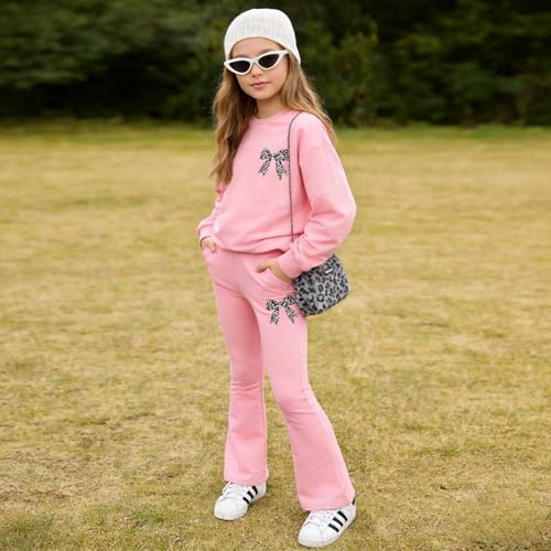 Image of Tween Girls Clothes Long Sleeve Graphic Sweatshirt Top + Bow Knot Pants 2 Piece Outfit Set, Size 7-16Years