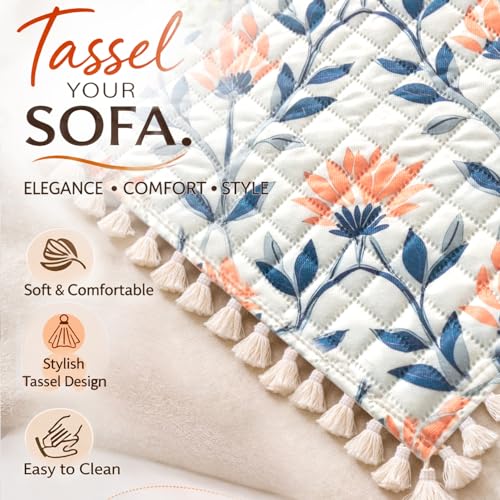 Image of HOKIPO Folk Garden Quilted Sofa Cover 5 Seater Set - Washable 3+1+1 Sofa Cover for Seat & Back with Tassel Design | 'Tassel Twigs' Series (IN-991-T9 + IN-989-T9)