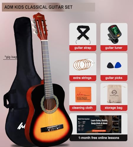 ADM 3/4-Größe Kinder-Konzertgitarren-Set, Junior-Gitarren-Set für Anfänger ab 9 Jahren, mit Tasche, Clip-Stimmgerät, Gurt, Plektren, zusätzlichen Saiten, Aufbewahrungstasche und Reinigungstuch (Peachy