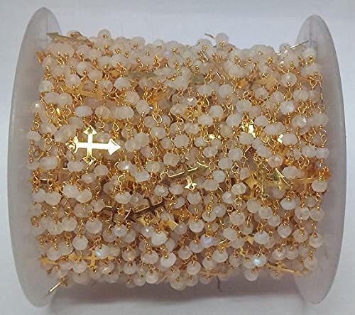 Chaîne chapelet en pierre de lune blanche avec fil enveloppé plaqué or 24k et croix