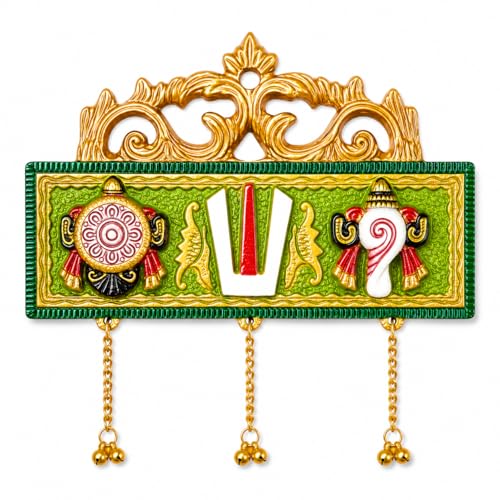 Image of Salvus APP SOLUTIONS Traditional Tirupati Shankh Chakra Namah Door Wall Hanging with Metal Latkan for Home, Temple & Office Decor | Religious Housewarming Gift | Green Multicolor, 7 x 6.5 Inch
