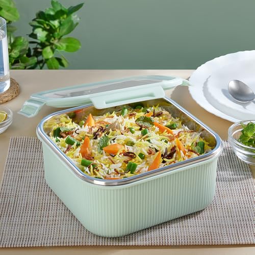 Image of Larah by BOROSIL Freshbyte Food Storage Container with Airtight Stainless Steel Lid | Fridge Container for Lunchbox | Food Grade | Microwave Safe (Green, 1600 ml, Square)