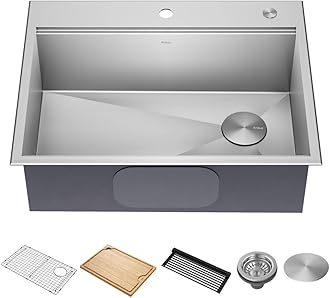 Kore 28-Inch Drop In/Top Mount Workstation 16 Gauge Single Bowl Stainless Steel Kitchen Sink with Accessories, KWT310-28