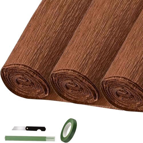 Crepe Paper Roll (9.8Inch x 8.2Ft/3Rolls) Heavy Papel Crepe Set Multi-Color Crepe Paper for Birthday Wedding Party Decoration DIY Craft (Brown)