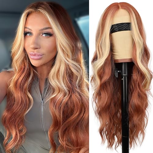 Image of AISI HAIR Ginger Mixed Blonde Wig for Women, Long Wavy Lace Hairline Middle Part Synthetic Wig for Daily Party-26 Inch