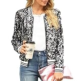 Hoibmasp Womens Vintage Sequin Jacket Open Front Zip Up Glitter Cropped Baseball Jacket Black S