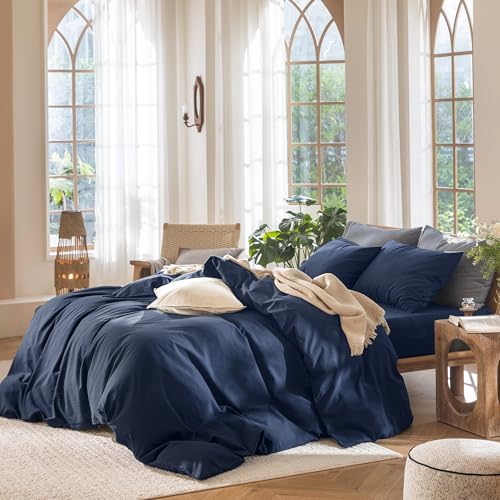 Image of MooMee Duvet Cover Set 100% Washed Cotton Linen Like Queen | Relaxed Linen-like Texture. Soft, Breathable & Long-lasting Comfort. Lightweight. Hidden Zipper with 8 Interior Corner Ties