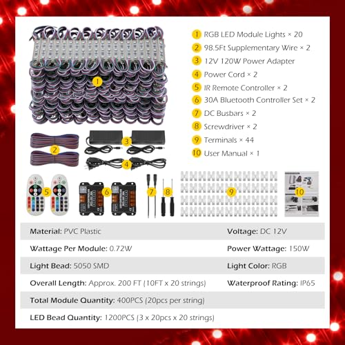 Image of Dyna-Living 200FT RGB LED Storefront Lights for Business APP Bluetooth & IR Controller 400PCS 3-led 5050 SMD LED Module Light with Music Sync Mode IP68 Waterproof Storefront Lights