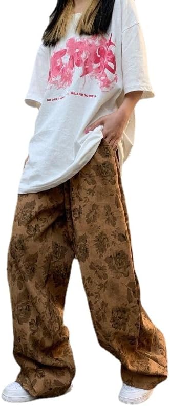 CYee Grunge Pantalones holgados Y2K Acubi Pantalones de pana pantalones de pana con estampado de rosas Pantalones de pierna ancha Pantalones