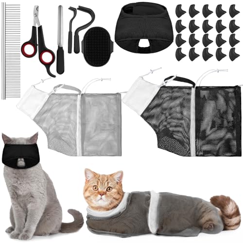 Image of 10 Pcs Cat Bathing Bag Set Pet Mesh Shower Bag Anti Bite and Scratch Pet Grooming for Washing Brush, Cat Muzzle, Nail Clipper, Nail File, Tick Tool(Gray and Black)